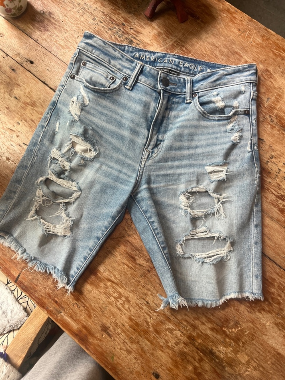 American Eagle Light Blue Denim Shorts with Pink Accent